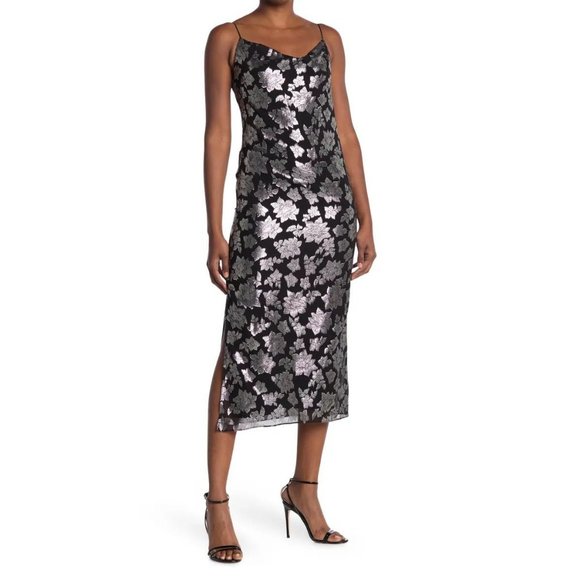 Club Monaco Silk Slip Jacquard Midi Dress Floral Sleeveless Cowl Wedding Guest - Picture 5 of 14